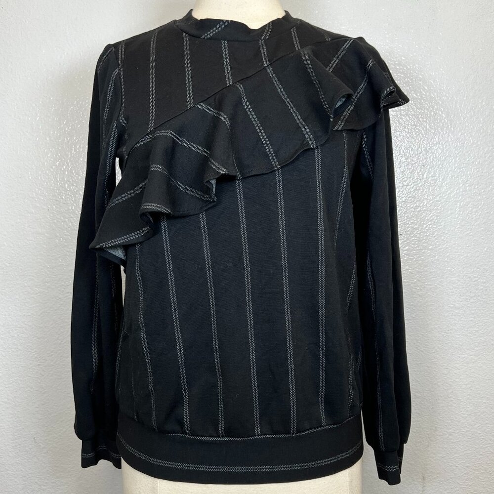 Leota Striped Hailey Black Ruffle Accent Long Sleeve Top Size S
